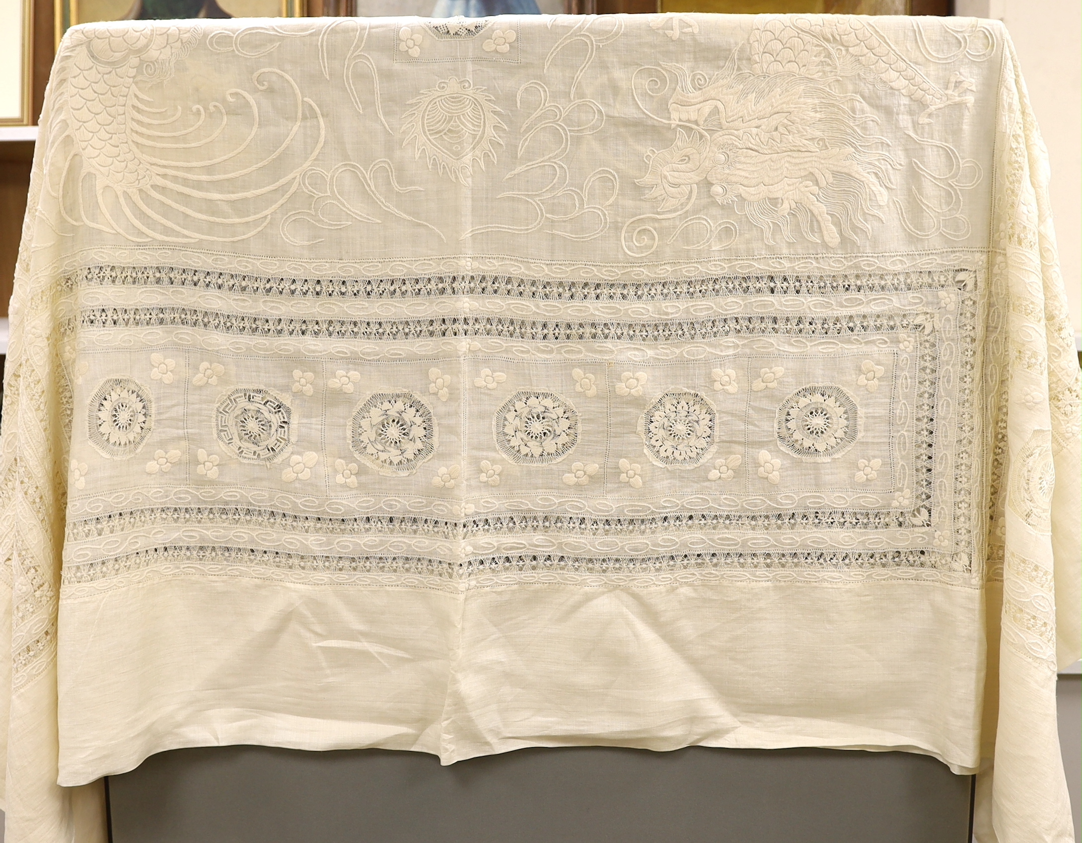 A 20th century Chinese dragon embroidered and drawn thread worked fine linen table cloth, 194cm x 240cm